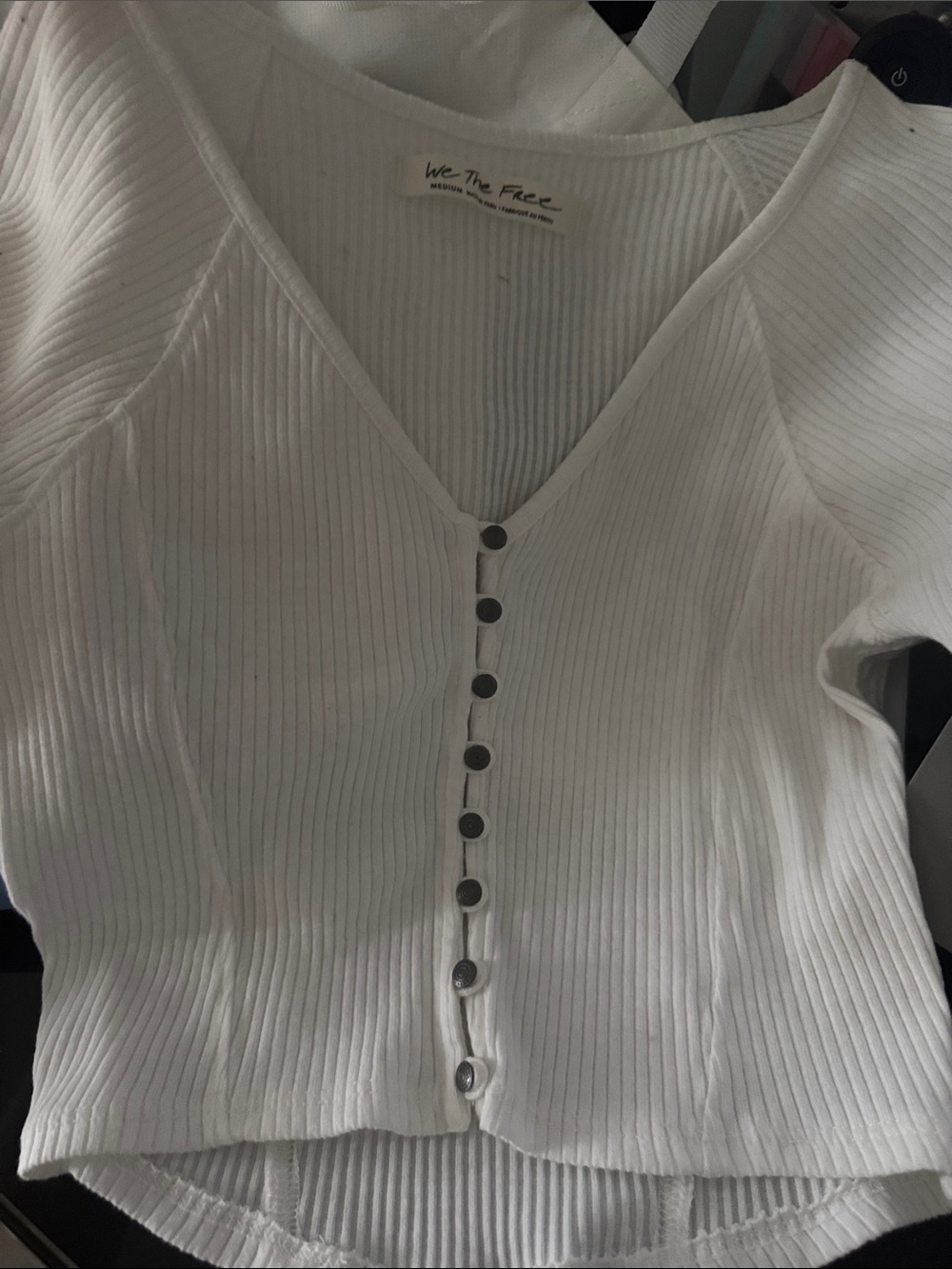 We The Free White Ribbed V‑Neck Button Crop Top
